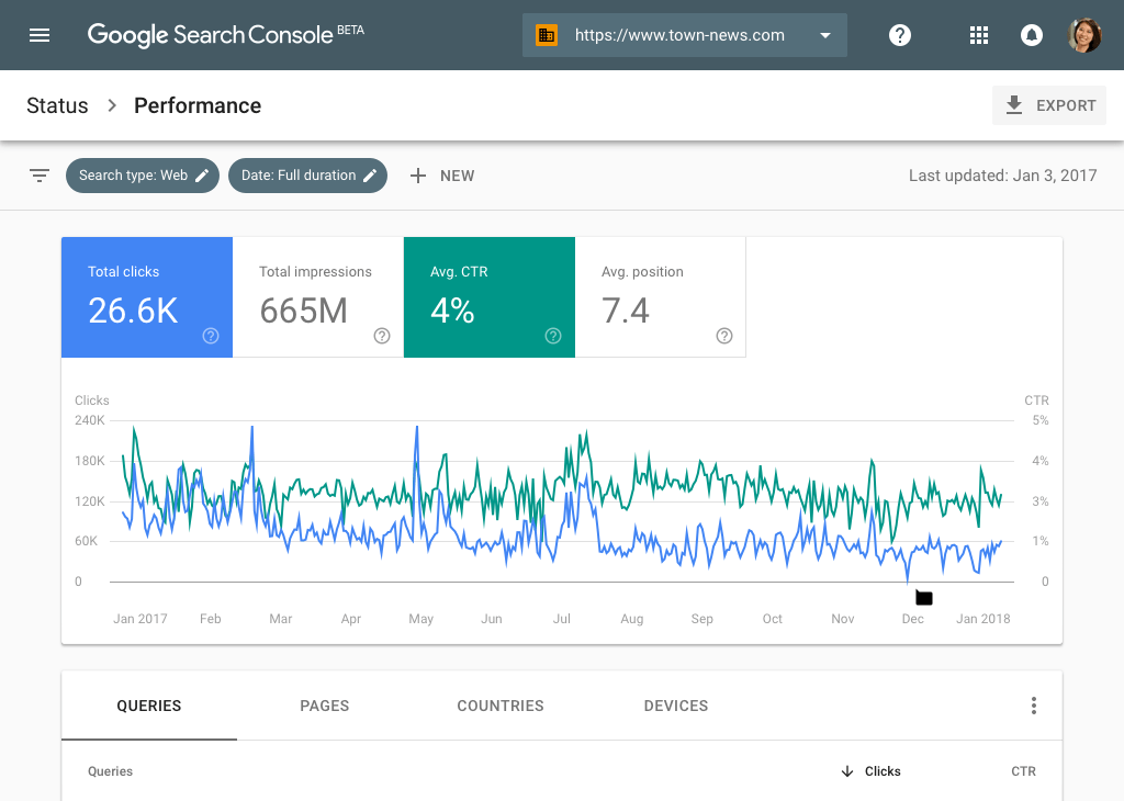 google search console search performance report screenshot