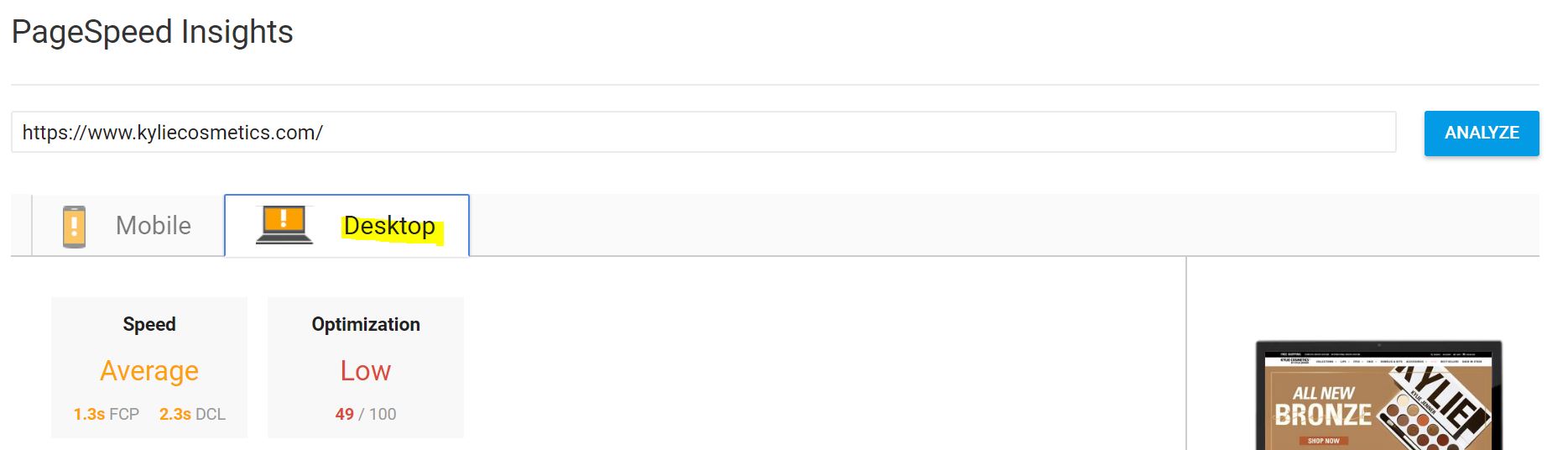 desktop page speed insights screenshot
