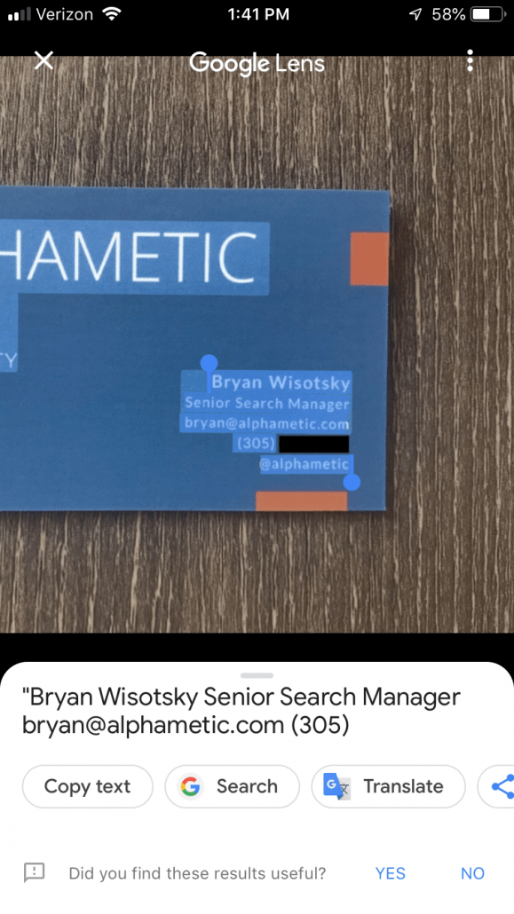 business card google lens result