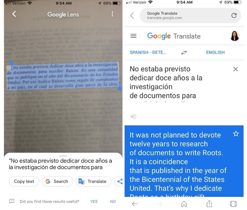 google lens translate side by side