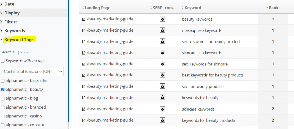 rank ranger tag filtering