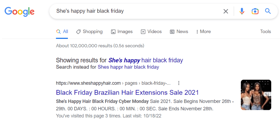 She's Happy Hair Black Friday Google SERPs